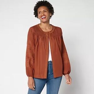 Susan Graver Weekend Washed Twill Embroidered Jacket | Rust Brown | Medium